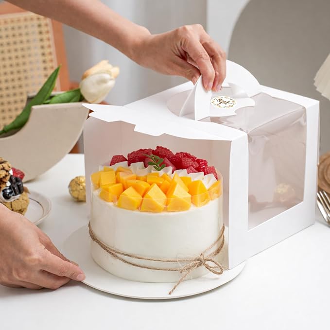 MUMULULU 15 PCS 8 x 8 x 8 Inches Cake Boxes with Carry Handles and Cake Boards Bakery Boxes with Silk Ribbon and Stickers for Cakes Pastries Birthday Party Wedding (White 8×8×8)