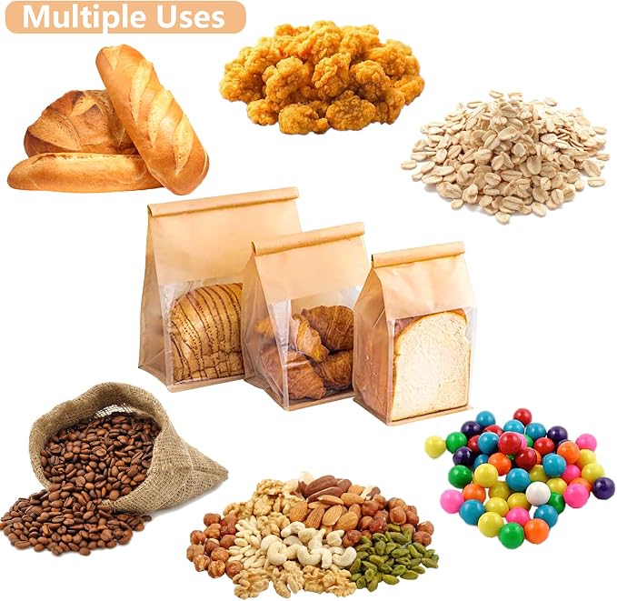 Heavy Duty Paper Bread Bags with Tin Tie Tab Lock 50PCS, Loaf Bag with Clear Front Window, Storage Packaging Treat Bag for Bakery Cafe Homemade Bread 10.2" × 5.1" × 6.3"