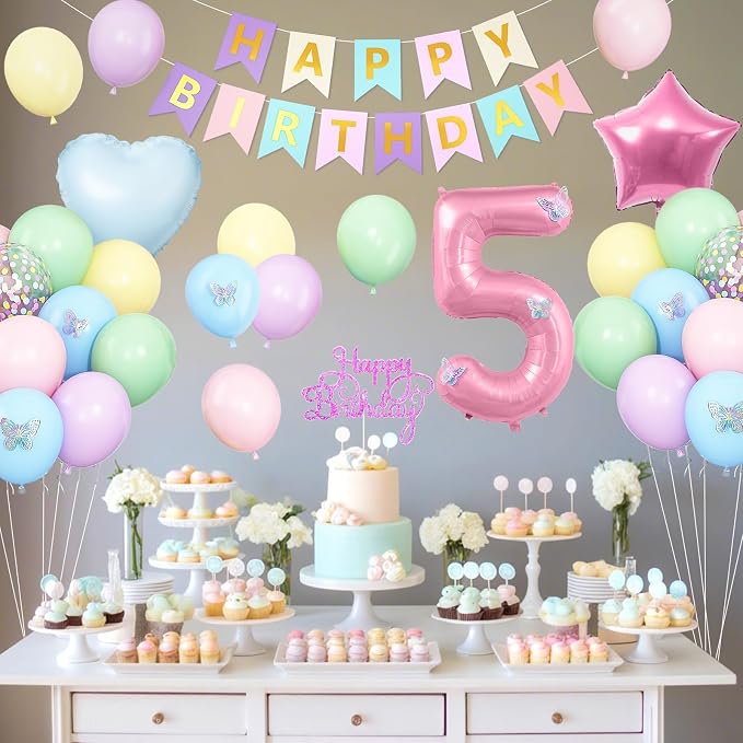 5th Pastel Birthday Party Decorations for Girls Number 5 Balloon Happy Birthday Banner Butterfly Stickers Star Heart Foil Balloons for 5 Year Old Easter Party Decor