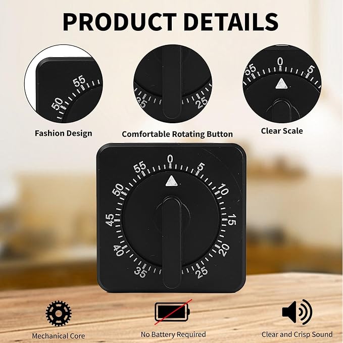 2 Kitchen Timer : Square 60 Minute Mechanical Visual Cooking, Time Management Tools Hour Manual Countdown Timer with Alarm for Kitchen,Baking, Exercise Auto Off No Batteries Required Black White