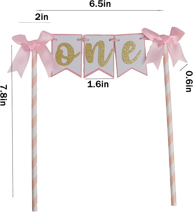 Pink Bow Cake Topper for 1st Birthday Girl, ONE Happy Birthday Banner Decor, Party Supplies for Baby Shower, First Cake Decoration