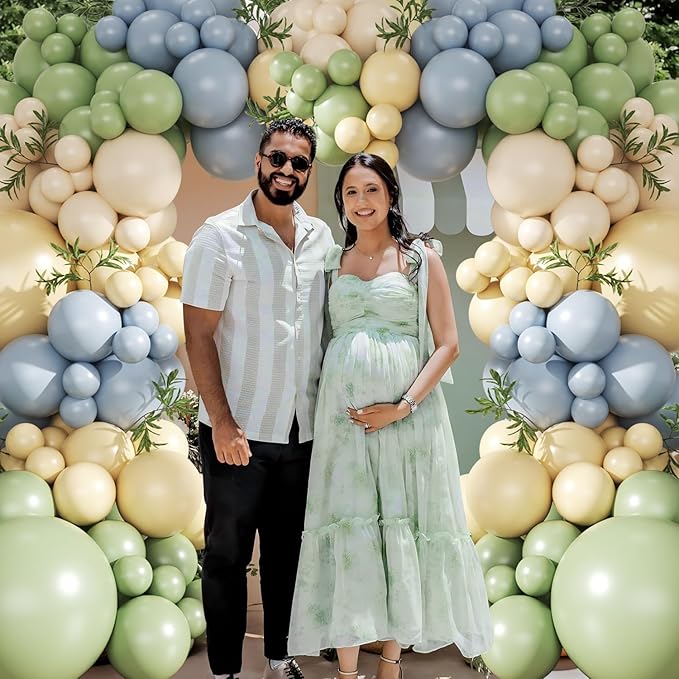 Sage Green Dusty Blue Yellow Pastel Balloon Arch Kit, 124Pcs Double Stuffed Yellow Green Dusty Blue Sand White Balloons for Baby Shower Wedding Bridal Birthday Gender Reveal Party Decorations