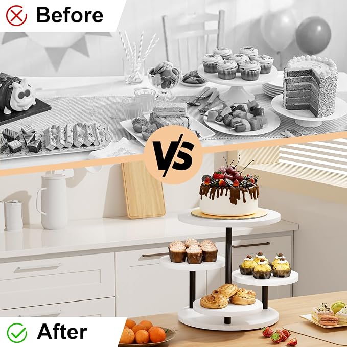 Dessert Stands for 50 Cupcakes 360°Rotating Wood Cupcake Stands Wedding Cake Stand 4 Tiered Cookie Serving Trays for Party Birthday Baby shower Afternoon Tea Dessert Table, White