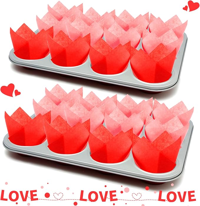 Augshy Tulip Cupcake Liners, 240pcs Baking Cups Cupcake Liners Muffin Tins Treat Cups for Valentines Day, Weddings, Birthdays, Baby Showers (Red Pink)