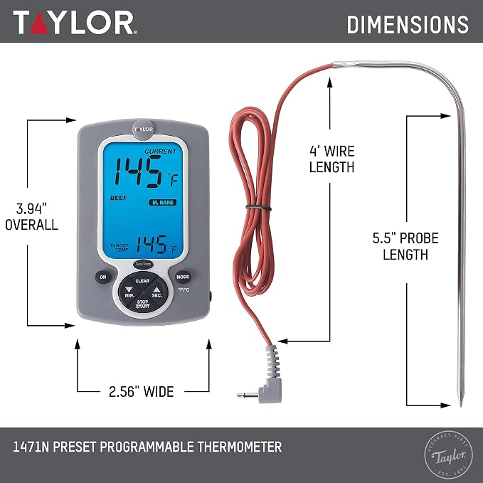Taylor Instant Read Wired Probe Digital Meat Food Grill BBQ Cooking Kitchen Thermometer White