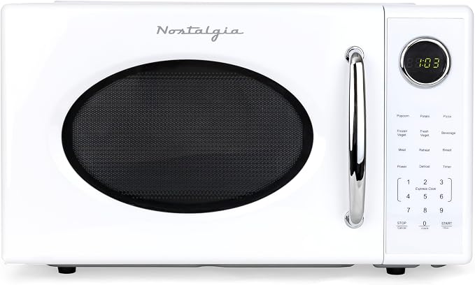 Nostalgia Retro 1000W Microwave Oven 1.1 Cu Ft Capacity – Child Safety Lock, 8 Auto-Cook Settings – Countertop Kitchen Appliance – White