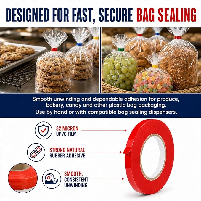 GGR Supplies UPVC-24BS Red Poly Bag Sealing Tape, 1/2 Inch x 180 Yards, Bag Sealing Tape for Produce, Bakery, Candy, Food Packaging and Inventory Color Coding