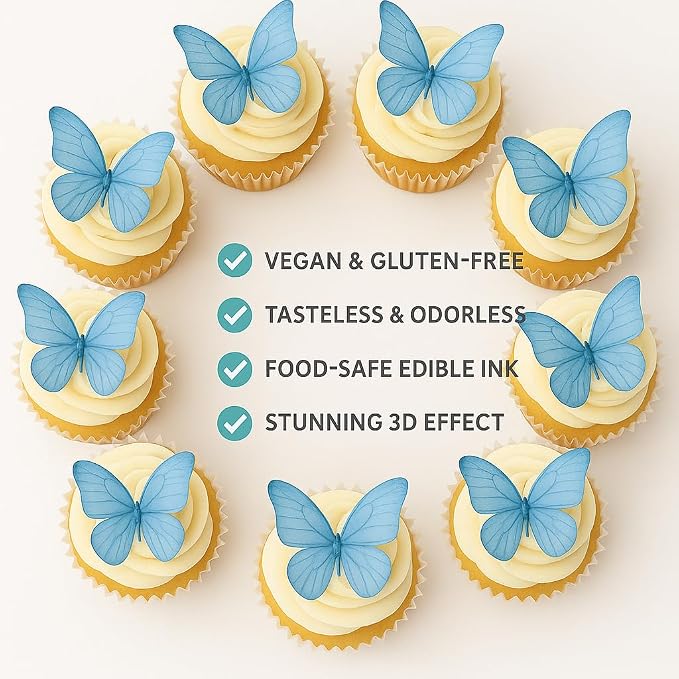 Confect Edible Wafer Paper Butterflies Set of 56 – Colorful Sky Blue Butterfly Cake Decorations, Cupcake Toppers for Birthday, Wedding, Party – Edible Butterfly Toppers