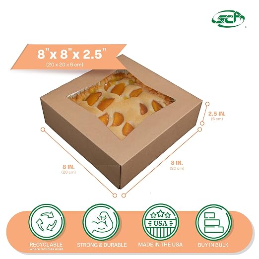 SCT Kraft Window Bakery Box (200 Quantity) 8x8x2.5, Automatic Bakery Carrier for Pies, Donuts, Pastries, Kraft with Clear Lid, 24013K
