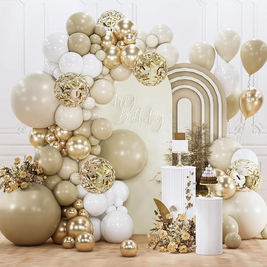 PartyWoo Neutral Balloon Arch Kit Garland 140pcs Different Sizes of 18 12 10 5 Inch Off White Sand Cream Ivory Gold Confetti Boho Balloons for Bridal Baby Shower Engagement Birthday Party Decorations