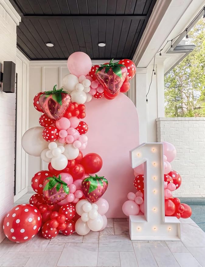 Strawberry Balloon Arch Garland Kit, 137 Pcs Pink Red Cream Balloons with Strawberry and Daisy Foil Balloons, Sweet Berry First Birthday Decor for Girls, Baby Shower, Princess Party Decorations