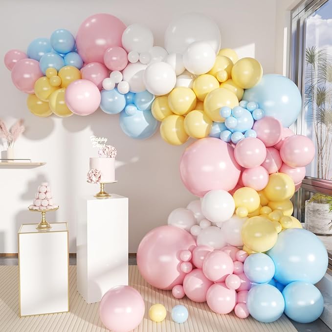 Pastel Balloon Garland Arch Kit 146Pcs Macaron Pink Blue White Yellow Latex Balloons Different Sizes 18 12 10 5 Inch for Gender Reveal Baby Shower Wedding Birthday Party Decoration