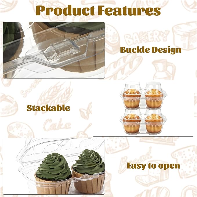 50 Pcs Cupcake Containers 2 Count, 2 Pack Cupcake Containers with Clear PET Hinged Lid, Double Dessert Holder Boxes for Muffins, Bakery, Parties and Sweet Gifts