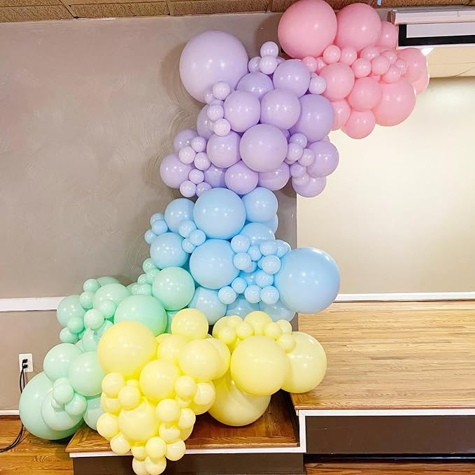 Pastel Rainbow Balloon Arch Garland Kit - 140pcs Different Sizes of Pastel Blue Yellow Purple Pink Balloons for Wedding Spring Macaron Easter Donut Ice Cream Birthday Party Decorations