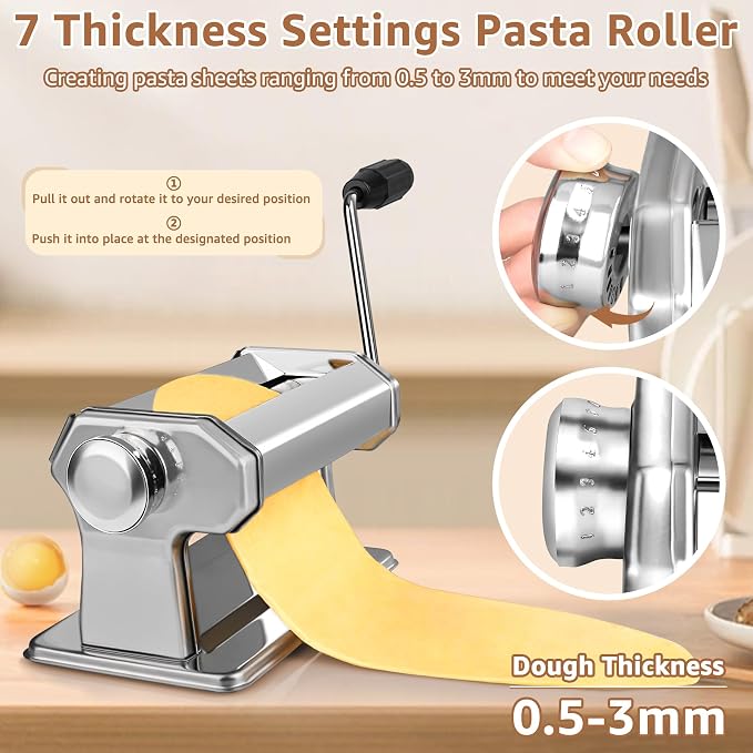 Pasta Maker - 7 Thickness Settings Pasta Roller & 2-in-1 Cutter, Stainless Steel Pasta Machine for Spaghetti, Fettuccine, Ravioli, Lasagna - Includes Hand Crank & Table Clamp