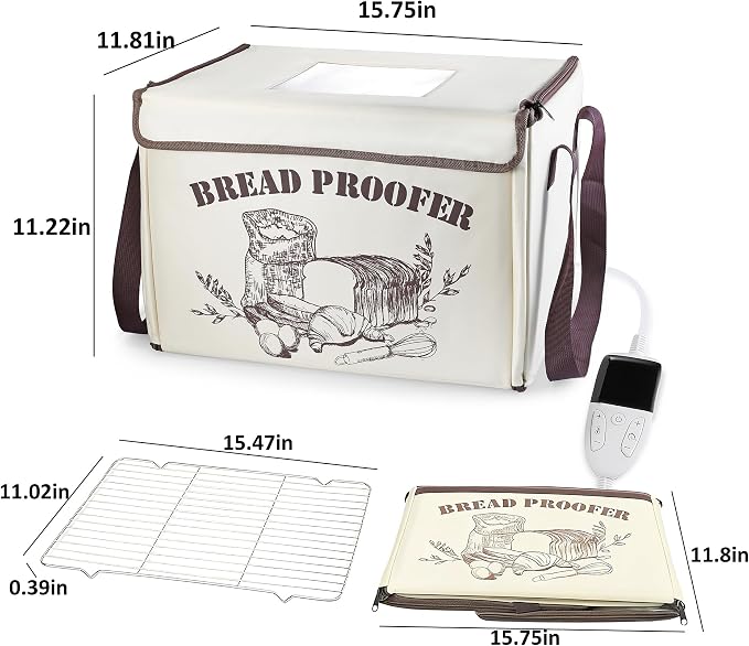 OUEST Folding Bread Proofing Box, Fabric Sour Dough Proofing Box with Temp Control 50-113°F & 12H Timer, Fabric Dough Proofer with Metal Rack for Bread Baking, Pizza, Yogurt, Kombucha