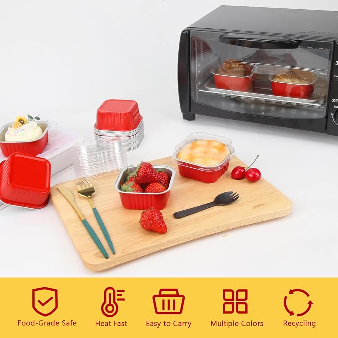 LNYZQUS 5oz Cupcake Pans Disposable Ramekins 40 Pack, Aluminum Foil Cupcake Liners with Lids,Square Brownie Mini Cake Baking Pans Muffin Tin Holders for Christmas-Red