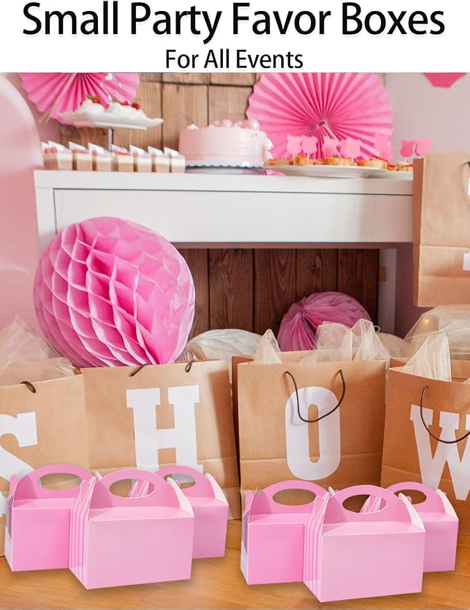 P6PK12 Happyhiram Party Favor Boxes Pink Striped 12 Pcs for Girls, Treat Boxes with Handles 6" Gable Boxes Candy Boxes Party Favor Paper Gift Boxes for Kids Birthday Candy Baby Shower Bridal Shower