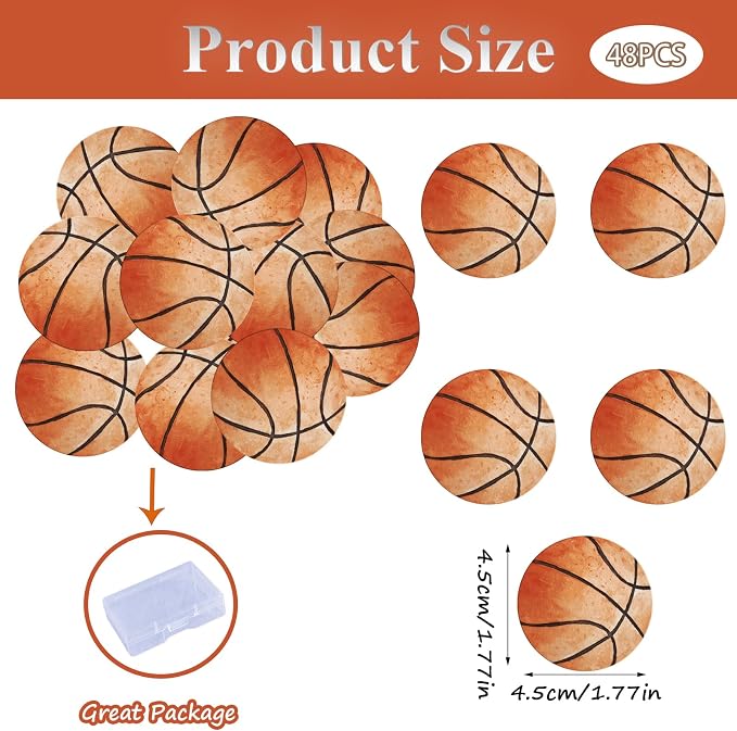 48PCS Edible Basketball Cupcake Toppers Edible Basketball Cake Decorations Sport Ball Theme Cupcake Picks for Sports Ball Theme Baby Shower Birthday Party Cake Decorations Supplies