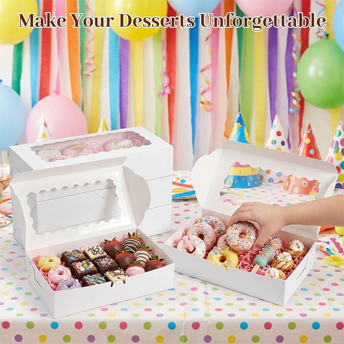 VGOODALL 8PCS Cookie Boxes, 12x5.5x2.6Inches White Bakery Boxes with Window Cupcake Containers for Pastry Candy Cupcake Strawberry, Party Supplies