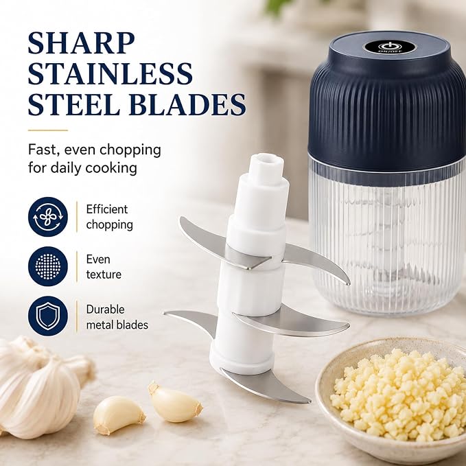 Electric Garlic Chopper, Mini Cordless Food Processor with 6 Stainless Steel Blades, USB Rechargeable Vegetable Mincer for Garlic, Onion, Ginger, Chili, Nuts, Meat & Meal Prep，White：4Blades+Egg Beater