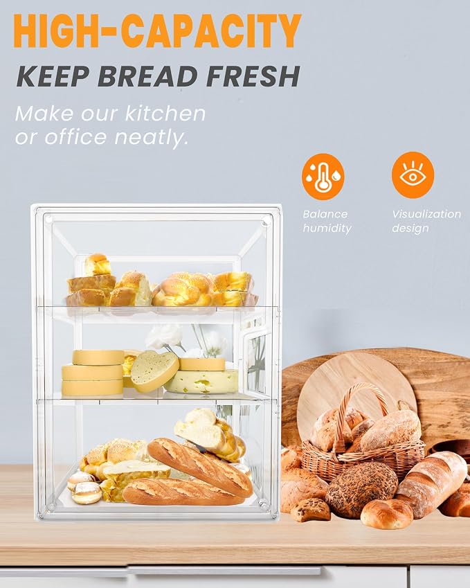 Bread Box,Large Bread Boxs for Kitchen Countertop - 4 Layers Adjustable Bread Storage Container,Clear Boxes for Kitchen Counter, Breads Box Airtight,Bread Holder,Perfect for Bagel Muffins-3Pcs
