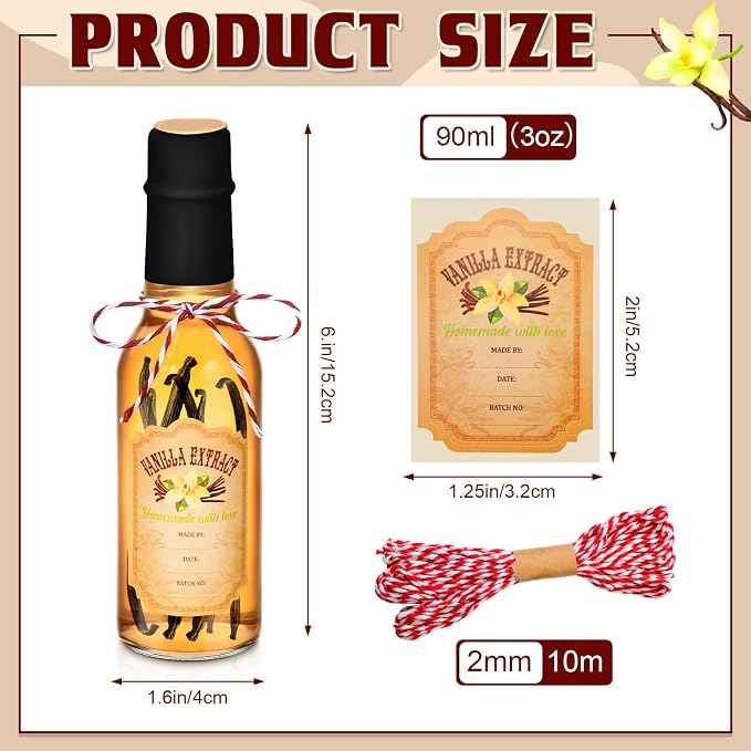 Tioncy 16 Pcs Empty Vanilla Extract Bottles for Homemade Vanilla Jar Glass Bottle with Cap, Shrink Band, Sticker DIY Crafts Wedding Gift Food Storage Canister for Bean(Black,3 oz)