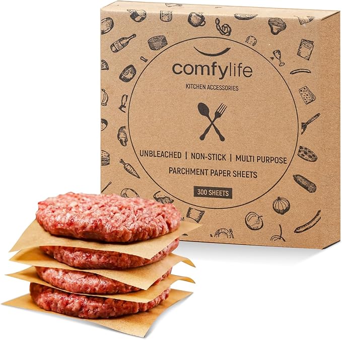 Comfylife 300Pcs 6x6in Patty Paper - No Curl, No Tear, No Burn Baking Paper (6 x 6 inch) – Precut Parchment Paper For Baking or Lining – No Chemical Unbleached Parchment Paper – Cookie Paper