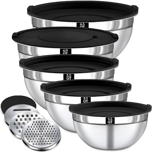 8PCS Mixing Bowls with Lids Set - 5 Nesting Mixing Bowls, 3 Grater Attachments, Lids, Stainless Steel Mixing Bowls for Mixing & Serving, Size 1.5/2.1/3.5/4/4.5 QT, Black