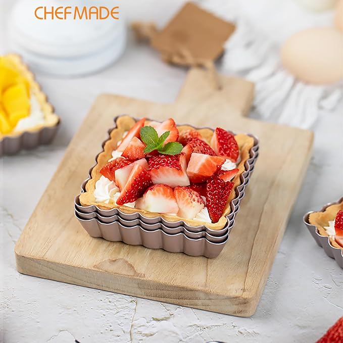 CHEFMADE Mini Square Tart Pan Set, 4-Inch 4Pcs with Removable Loose Bottom Non-Stick Square-shaped Quiche Bakeware for Oven and Instant Pot Baking (Champagne Gold)