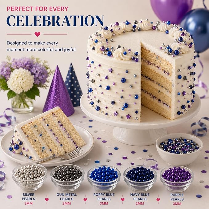 Confect Pearl Sprinkles | Assorted pack of 5 Under The Sea Disco Ball Sprinkles | Mix Grey, Sliver, Bright Blue, Navy Blue & Purple Pearl Dragees - Vegan, Gluten-Free, Nut-Free, Soy-Free, Dairy-Free, Palm Oil-Free, No Artificial Dyes - 5 Oz