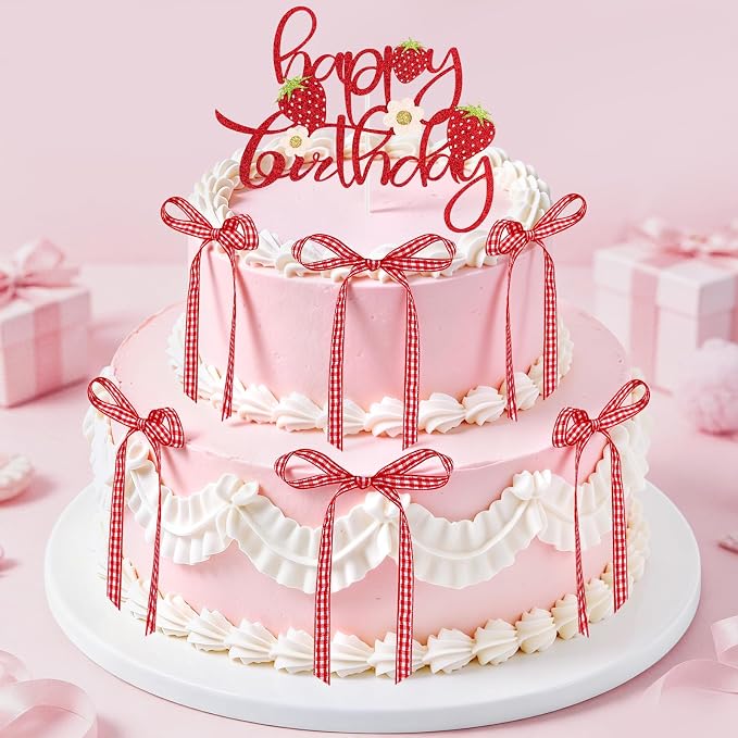Hooqict 7Pcs Strawberry Cake Decorations Set with Happy Birthday Cake Toppers and Bows for Girls Sweet Strawberry Baby Shower Berry 1st Birthday Party Decorations Supplies