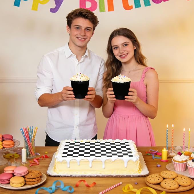 Black and White Checkered Edible Cake Topper, 28x19.4cm/11.02x7.63in Square Racing Party Decoration for Birthday Cakes & Desserts
