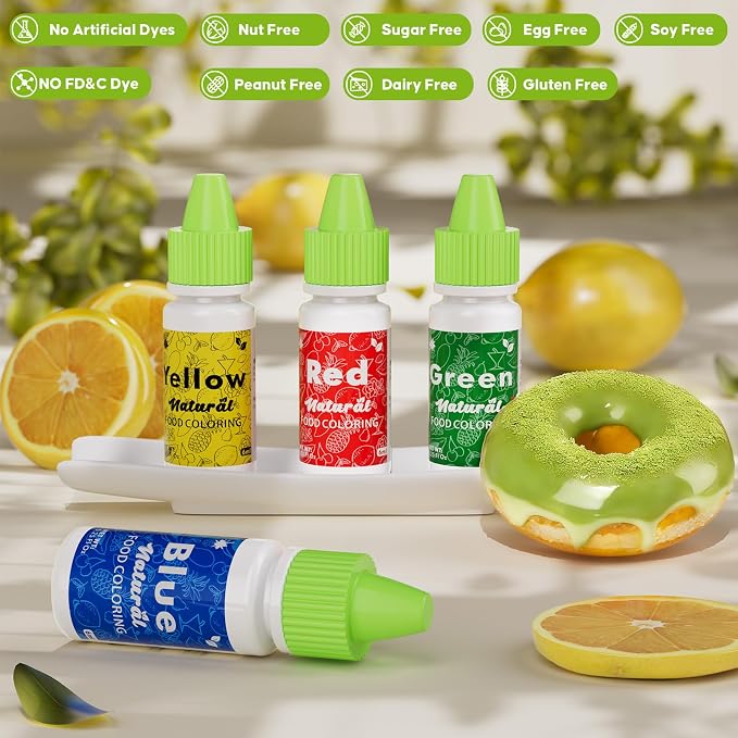 Natural Food Coloring - FD&C & Artificial Dye Free Formula Color 4 Natural Food Dye Set for Icing Frosting Cake Baking Easter Egg Fondant Cooking Decorating - 0.25 Fl. oz (6 ml)/Bottles