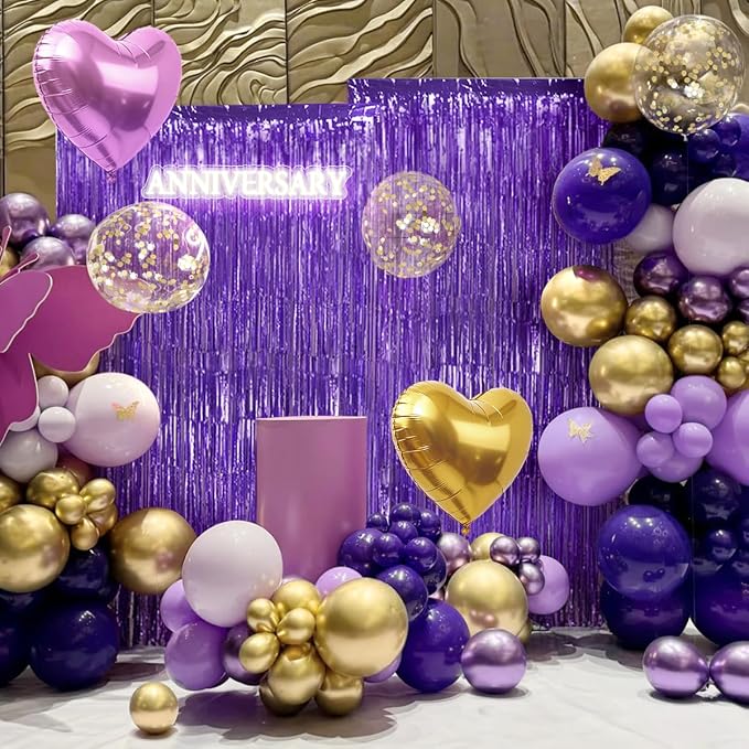 157Pcs Purple and Gold Balloons Garland Arch Kit with Fringe Curtain for Girl Princess Woman Birthday Bridal Baby Shower Engagement Wedding Party Decorations