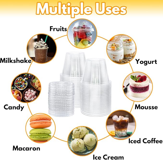 Tiaiidi 50 Pack Clear Cups with Lids,6 oz Plastic Disposable Cups with Flat Lids(No Hole),Crystal PET Dessert Party Cups for Smoothy's,Ice Cream,Fruits,Snack,Cold Drinks