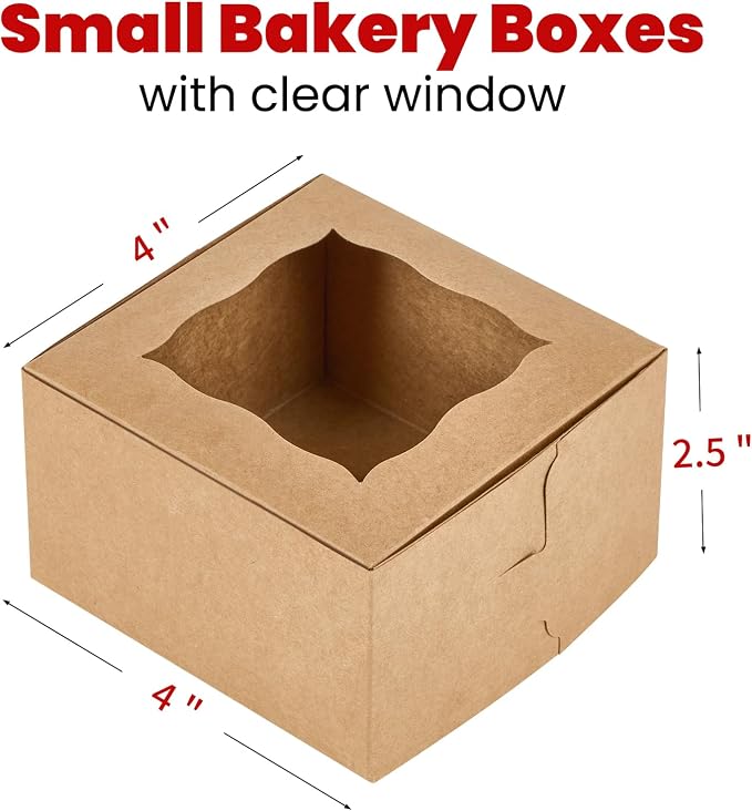 ZORRITA 24pcs Small Cookie Boxes with Window, 4x4x2.5 Inch Kraft Bakery Boxes with Stickers Dessert Treat Containers for Pastry Mini Cake Strawberry Donut Individual Cupcake