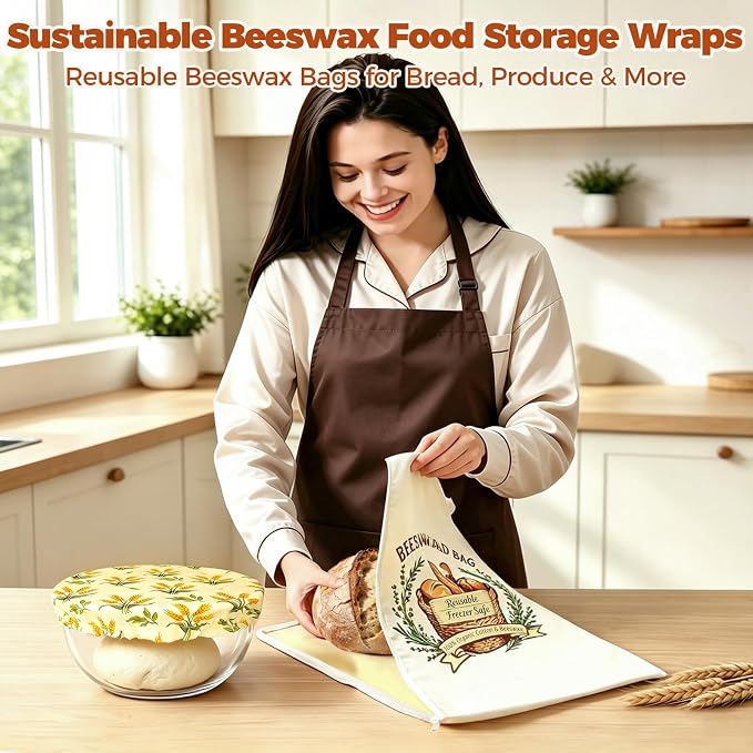 Beeswax Bread Bags with Zipper Seal – Extra Large 13"x17", Reusable, Breathable Cotton Linen Sourdough Bags, 2 Packs XL Bread Bags, with 1pcs Bowl Cover, 6pcs Paper String Tags
