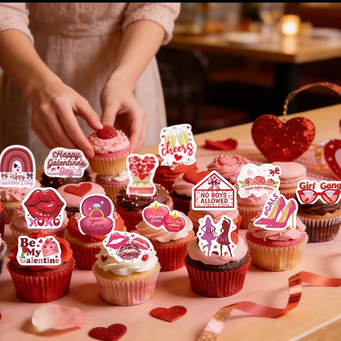 60PCS Edible Happy Galentine’s Day Cupcake Toppers Wafer Paper Girl Gang No Boys Allowed Cupcake Picks Be My Galentine Cake Decor for Girls Theme Single Party Decor Supplies