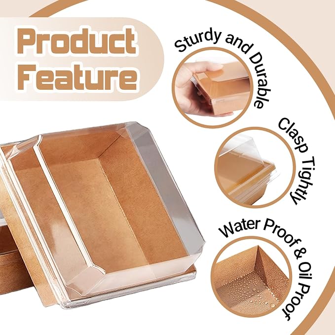 50 Pack Plastic Charcuterie Boxes with Clear Lids, 4" Small Paper to Go Food Container for Sandwich Salad Snack, Disposable Mini Bakery Dessert Boxes for Cupcakes Slice Cookies Strawberry Brown