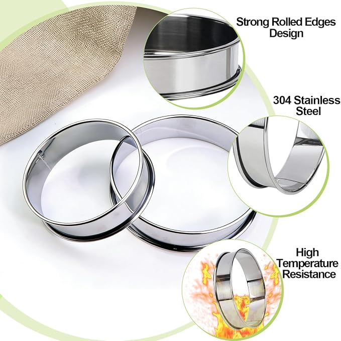 24 Pack English Muffin Rings Set 4 Inch & 3 Inch Stainless Steel Crumpet Ring with Oil Brush, Metal Pastry Rings Mold Double Rolled Tart Ring for Baking Kitchen Food Making
