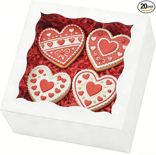 XINHPKGG 20 Pack Cookie Boxes 6x6x3 Inch Bakery Boxes with Window Treat Box Dessert Box for Macaron Mini Cake Chocolate Covered Strawberries Pastry - White