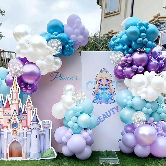 167Pcs Purple Blue Balloons Garland Arch Kit with Snow Confetti Different Sizes 18 12 10 5 inch for Princess Winter Wonderland Girl Baby Shower Birthday Wedding Party Decorations