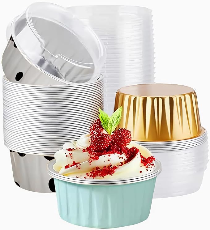 100pcs 5oz Aluminum Foil Muffin Liners Cups with Lids,Mini Cheesecake Containers,Disposable Foil Ramekins Creme Brulee Pans Holders，Cupcake liners Baking Cups for Wedding、Birthday、Party