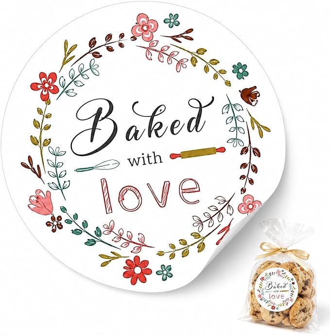 Baked with Love Stickers for Bakery Packaging: Matte Paper Floral Round Labels for Homemade Cookies Bread Cupcakes Treat Bags Small Business Packaging 120 Count 1.6 Inch