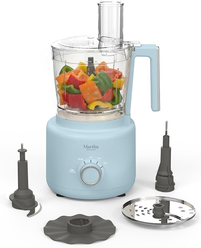 Martha Stewart Food Processor, 10-Cup Electric Chopper for Slicing, Shredding, Mincing and Puree, BPA-Free Twist & Lock Bowl, 3 Multipurpose Blades, Variable Speed Dial, Wide Feed Chute, Sky Blue