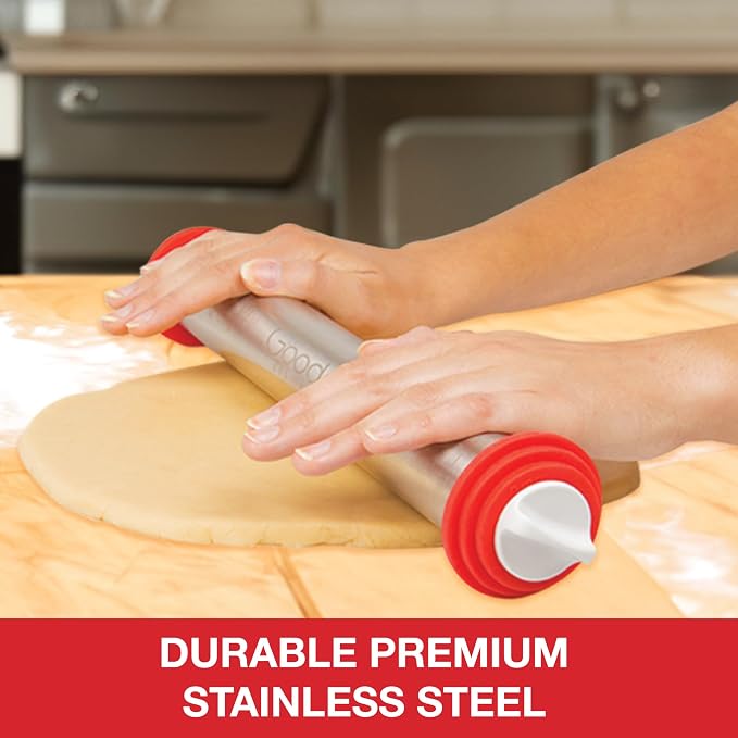 Good Cooking Adjustable XL Rolling Pin with 3 Spacer Rings, 17 Inch Stainless Steel Nonstick French Pastry Roller for Dough, Cookies, Pie Crust, Pizza, Fondant, Baking and Kitchen Prep