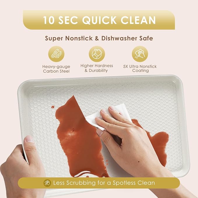 Baking Sheet Pan Set of 3, Nonstick Carbon Steel Cookie Sheets with Texture | Commercial Half/Quarter/Jelly Roll Pans Replacement Toaster Oven Tray, Heavy Duty & Easy Clean, White