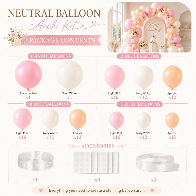 Neutral Balloons Arch Kit, 122Pcs Macaron Pink Nude Ivory White Matte Balloons for Girls Boho Dusty Pink Birthday Bridal Wedding Engagement Party Anniversary Decorations