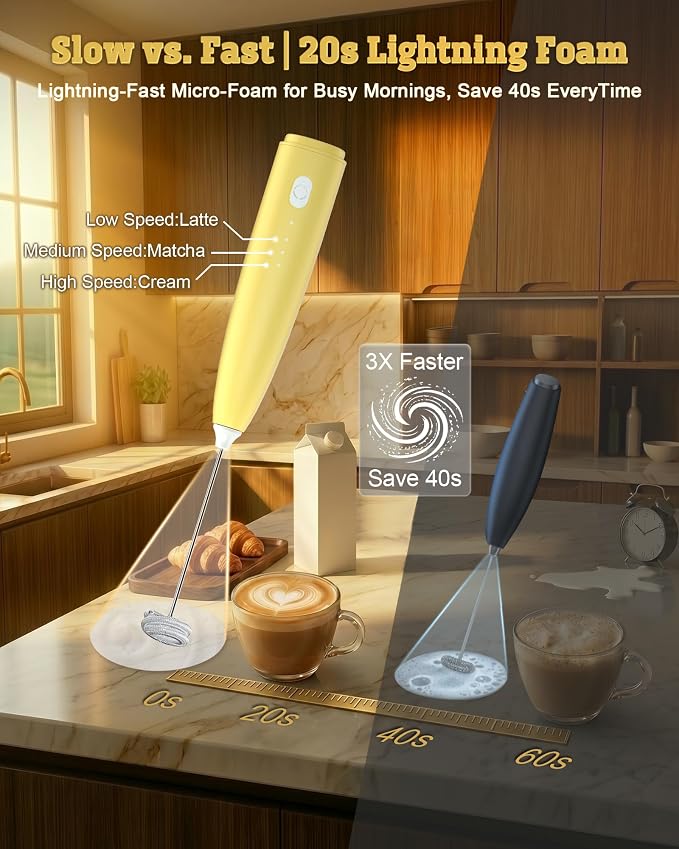 Milk Frother Handheld,Portable Electric Drink Mixer/Wand,Egg Whisk (Yellow) | USB C Rechargeable | 3 Adjustable Speeds | 3 Detachable Whisks | Quiet Operation | For Coffee, Latte, Matcha,protein powder